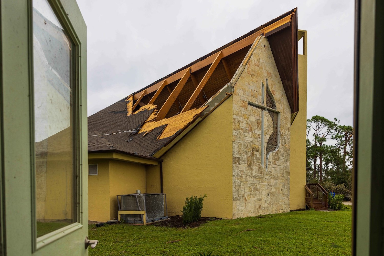 Lakewood Park Church is left damaged by a tornado caused by Hurricane Milton, on October 10, 2024 in Port St Lucie, Florida. The storm made landfall as a Category 3 hurricane in the Siesta Key area of Florida, causing damage and flooding throughout Central Florida. (Photo by Saul Martinez/Getty Images)