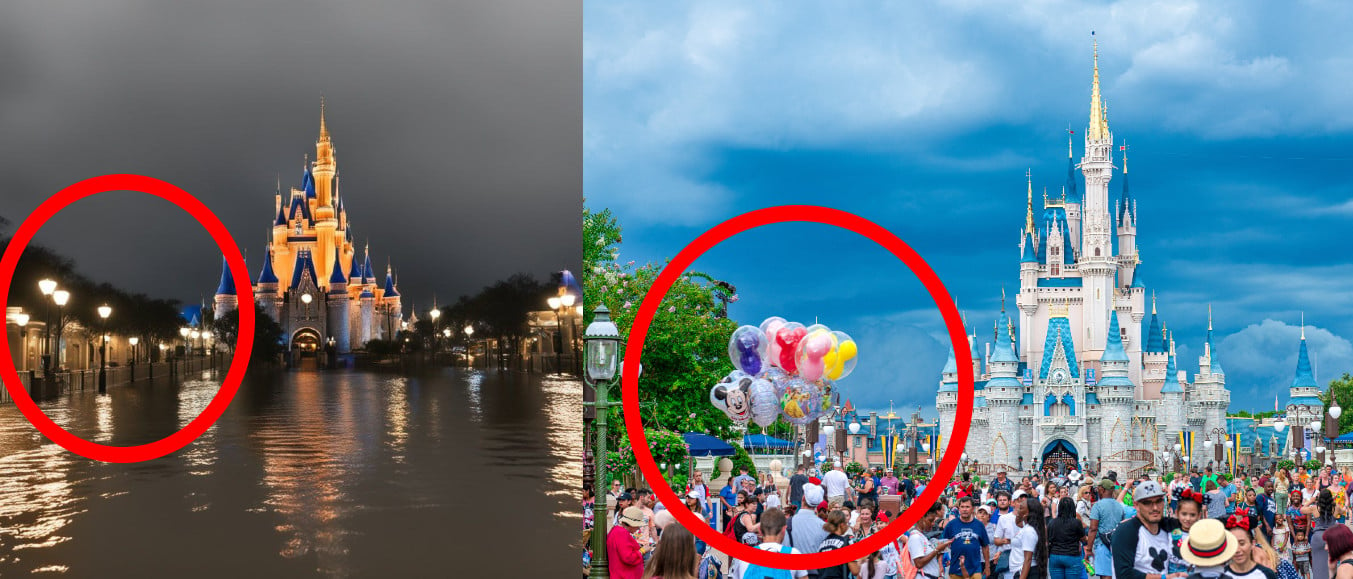 Fake AI image (left) and a real photo showing a crowd of people at the Cinderella Castle in Walt Disney World.