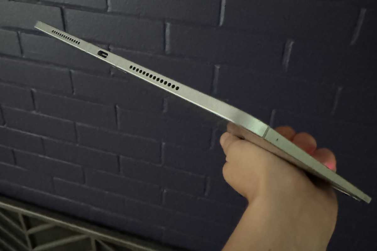 The M4 iPad Pro showing the side view of the bottom with speakers and the USB-C port