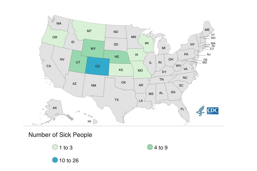 Map showing the states where people have gotten sick with E. coli from McDonald's.