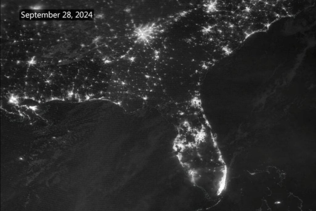 A nighttime view of power outages across the southeastern United States following Hurricane Helene.