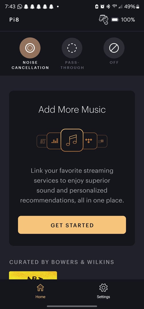 Shot of Bowers & Wilkins Music app showing Noise Cancellation