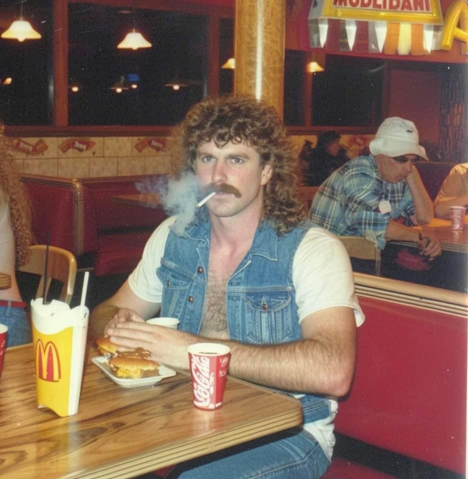 AI-generated image of a man in the 1980s smoking at McDonald's