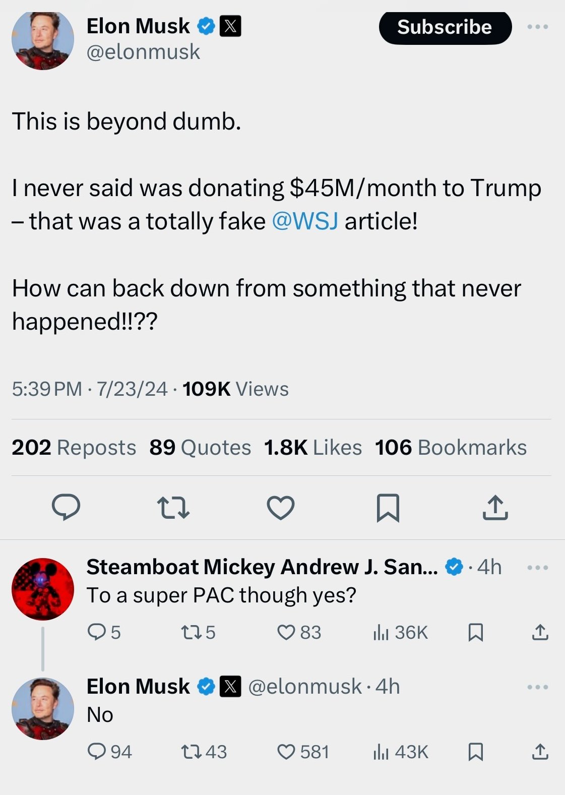 A since-deleted tweet from Elon Musk about donating to Donald Trump.