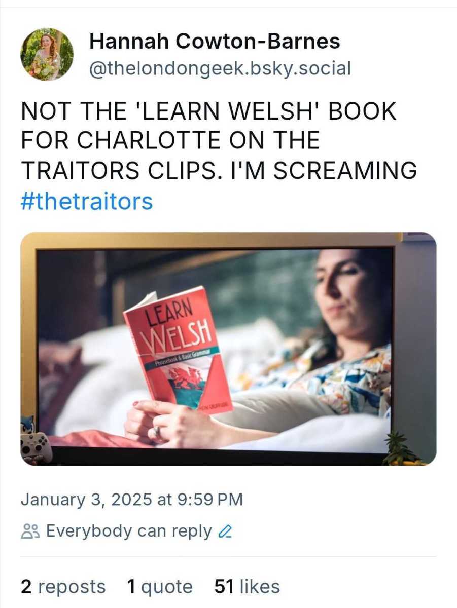 TheLondonGeek Bluesky - Charlotte learning Welsh on The Traitors