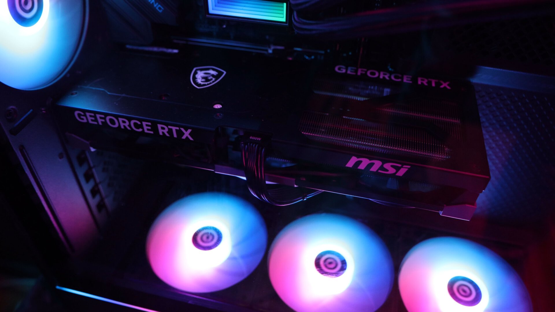 Close up shot of Nvidia GeForce RTX 5080 GPU in CyberPowerPc Gamer Supreme 