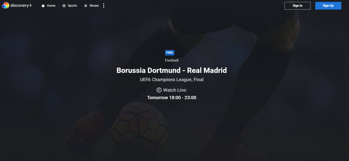 Discovery+ Champions League final page