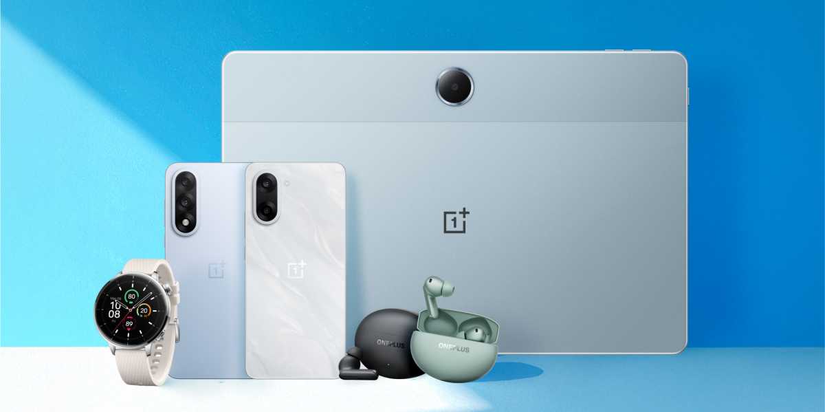 A collection of new OnePlus devices including two phones, a tablet and a smartwatch