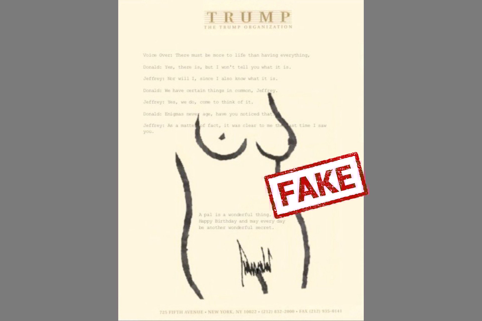 Fake letter from Donald Trump to Jeffrey Epstein that's circulating on social media.