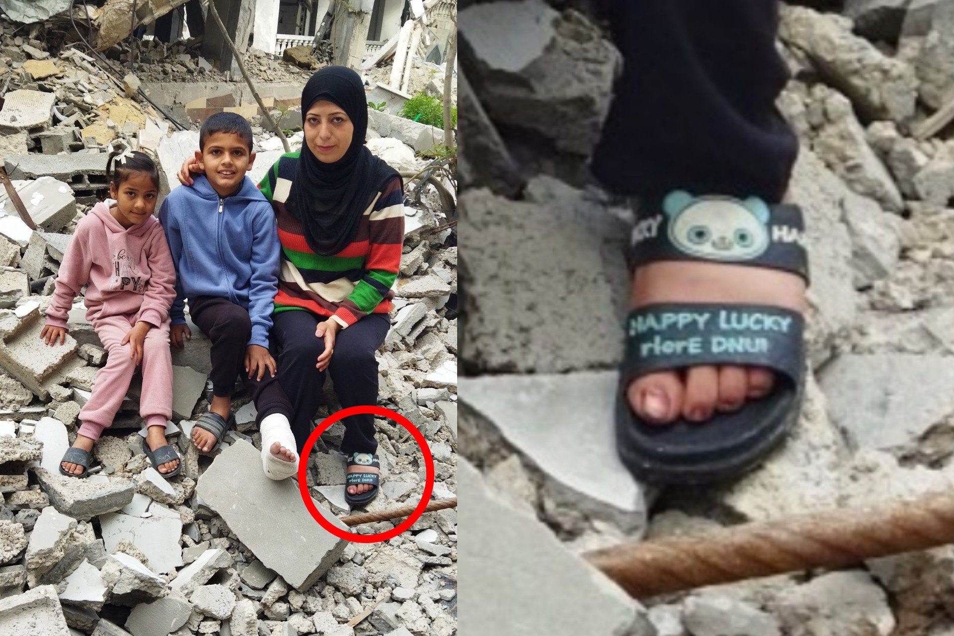 Photo taken in Gaza with oddly worded sandals that made people think the image was AI generated.