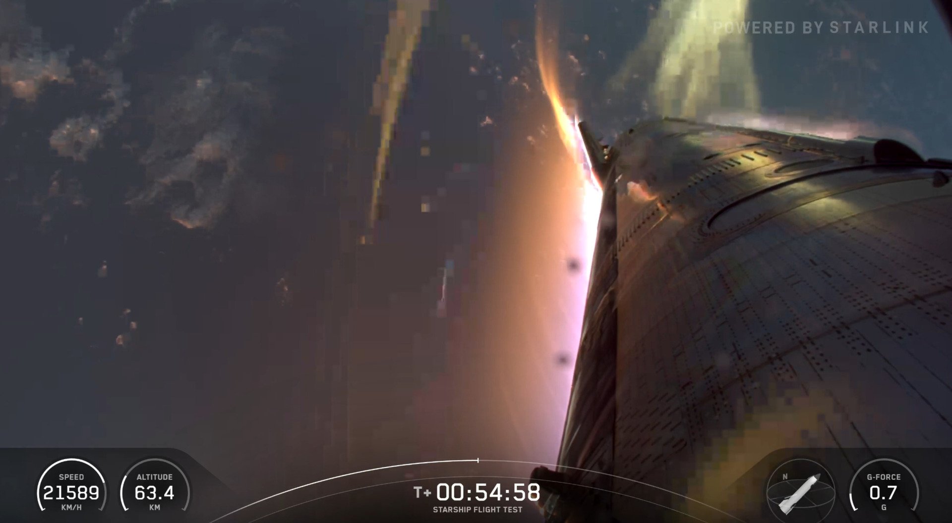 A view of Starship during reentry