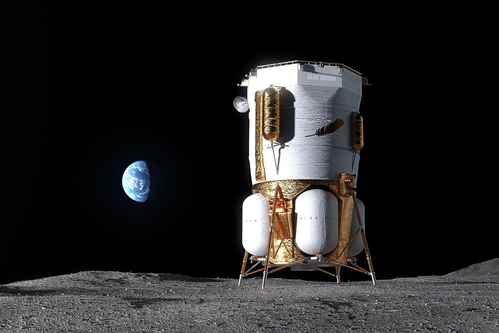An artist's illustration of Blue Origin's Blue Moon Mark 1 lander on the lunar surface