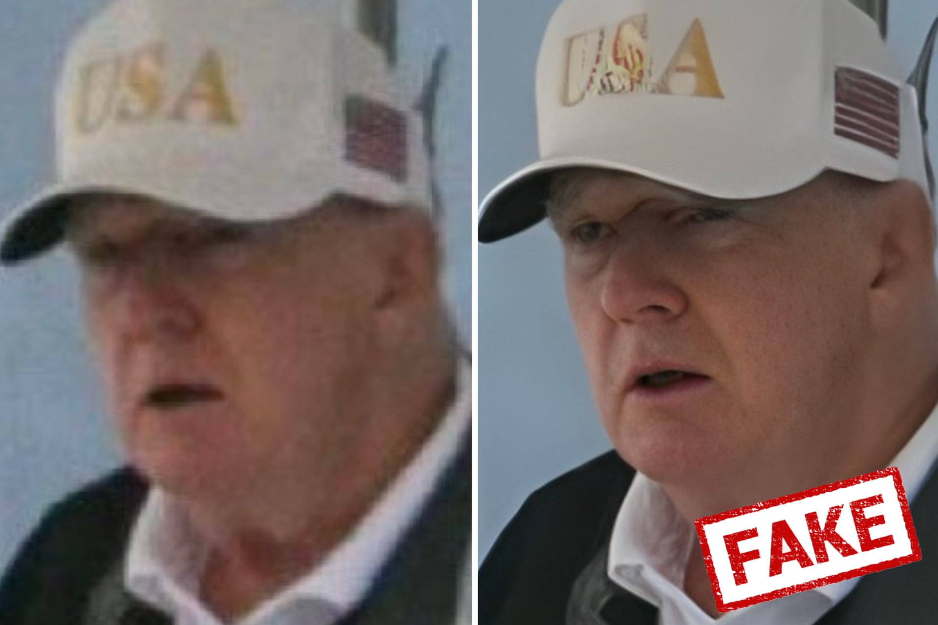 President Donald Trump exits the White House and walks to his motorcade, en route to the Trump National Golf Club on September 1, 2025, in Washington, DC (left) with the image "enhanced" by AI (right).