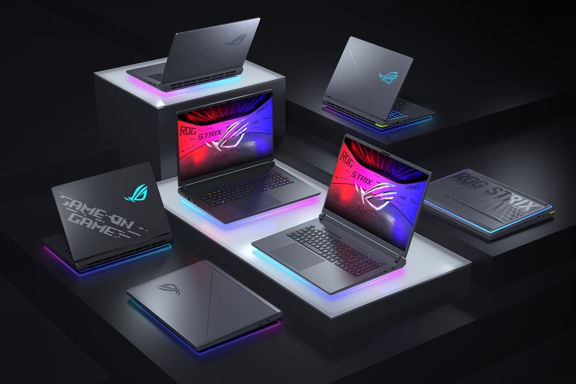 2026 Rog Strix Family Lineup showing front and backs of laptops