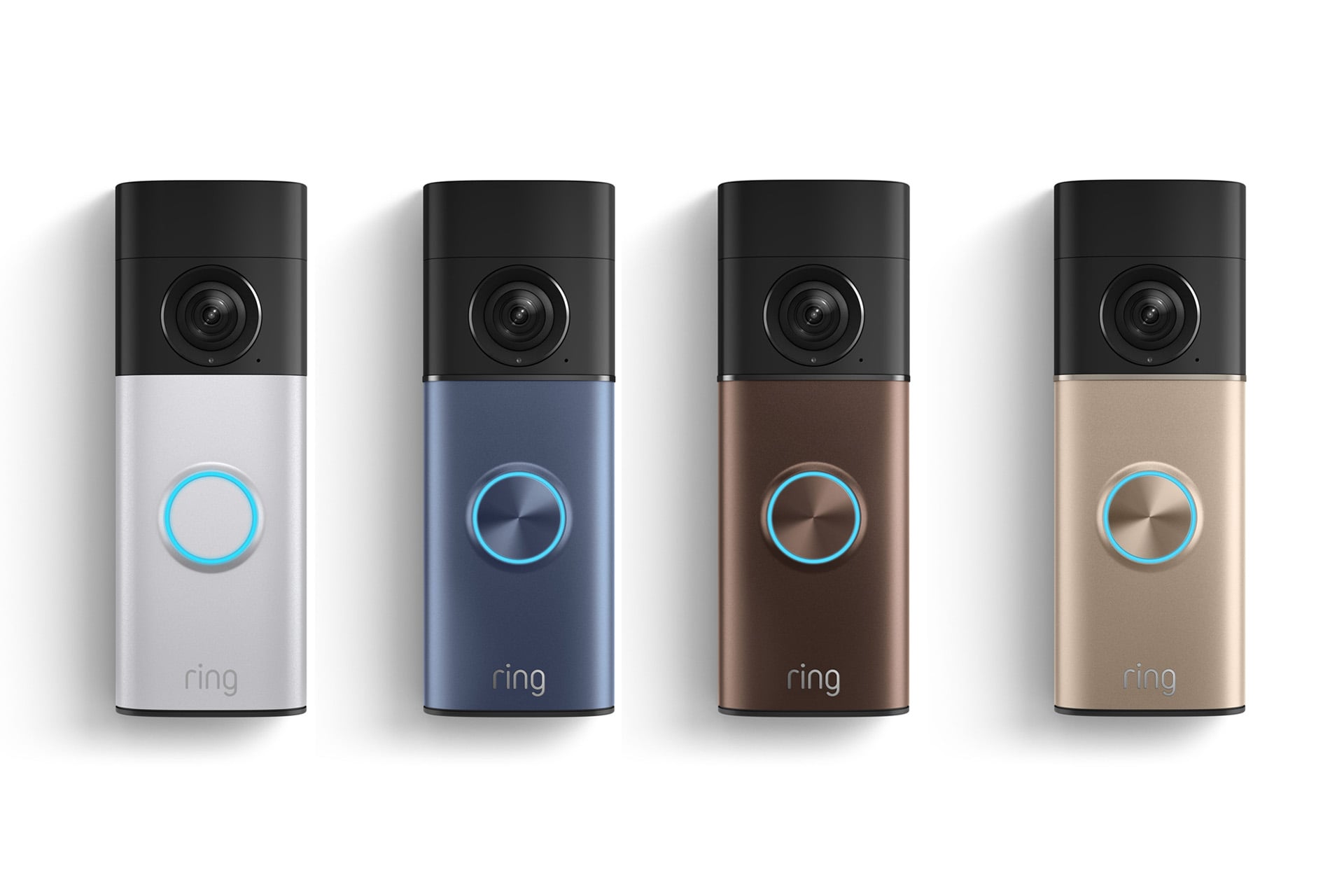 Ring Doorbell Camera Plus in four colors: silver, blue, brown, and gold.