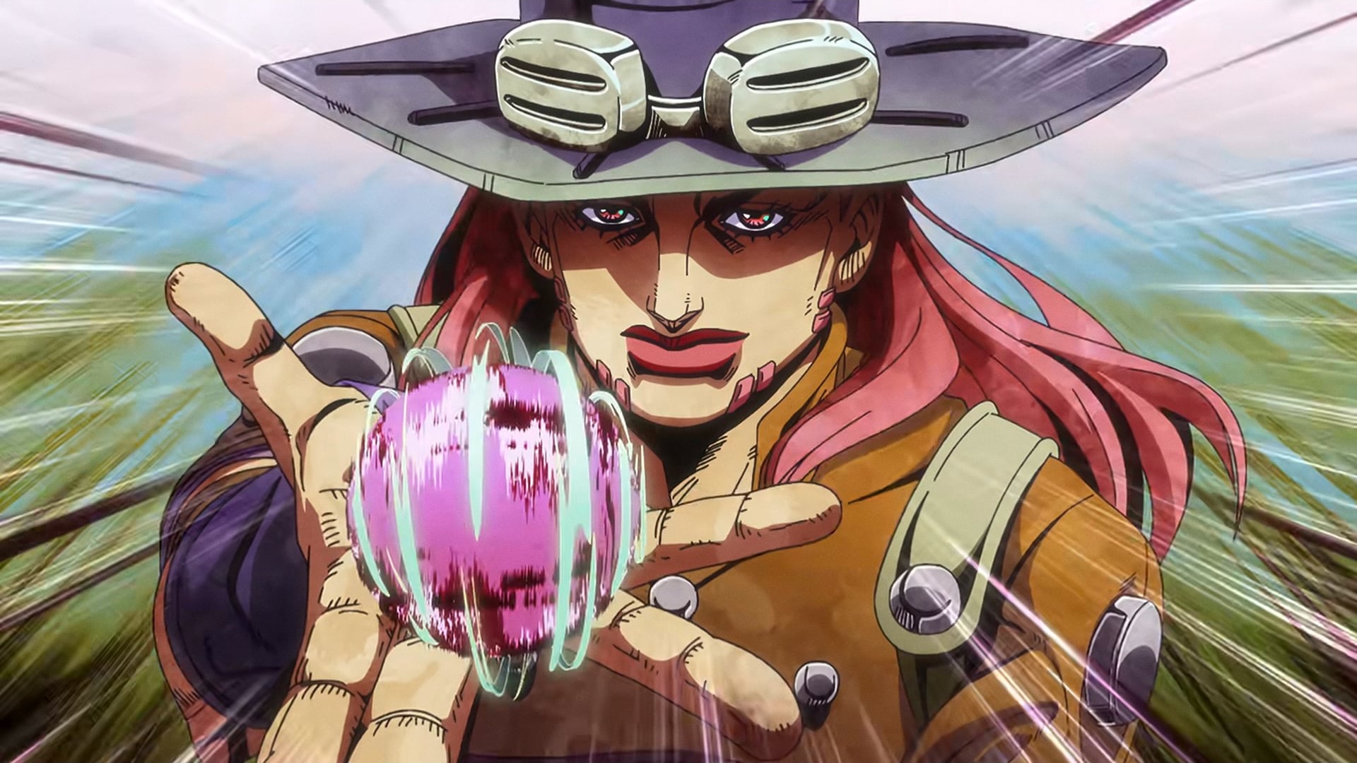 Steel Ball Run still of Gyro holding a ball.
