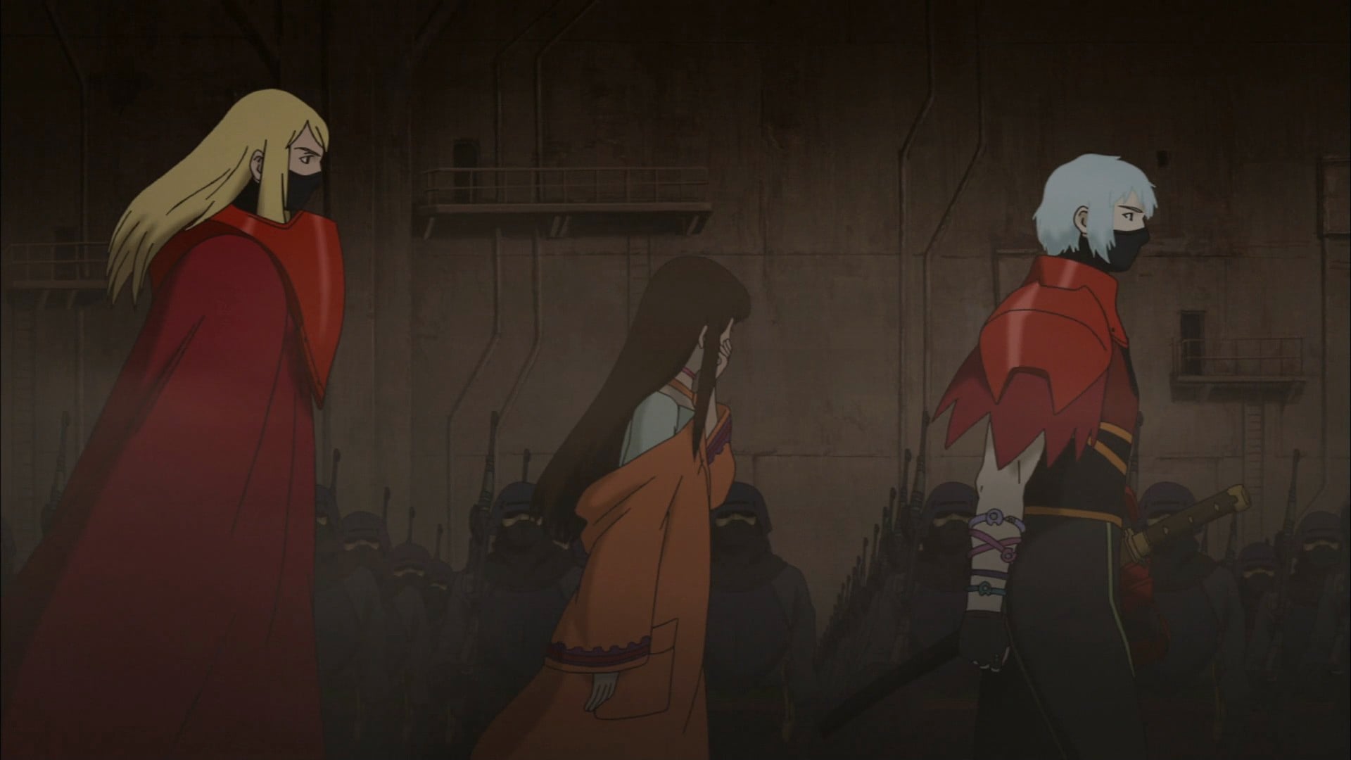 Origin Secrets Of The Past still of characters walking in front of a troop of soldiers.