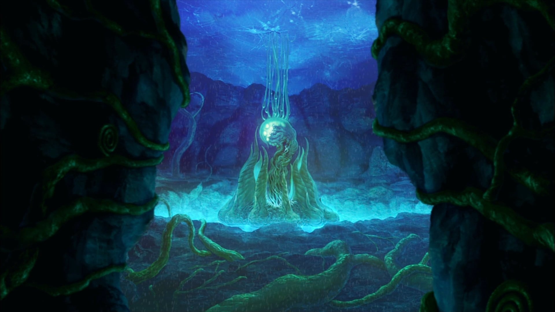 Origin Secrets Of The Past background art of glowing flora.