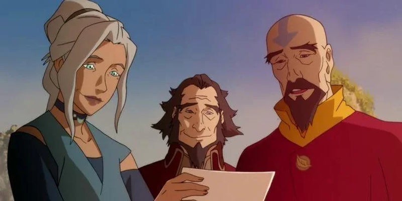 The Legend of Korra still of Kya, Bumi, and Tenzin gazing at a family photo. 