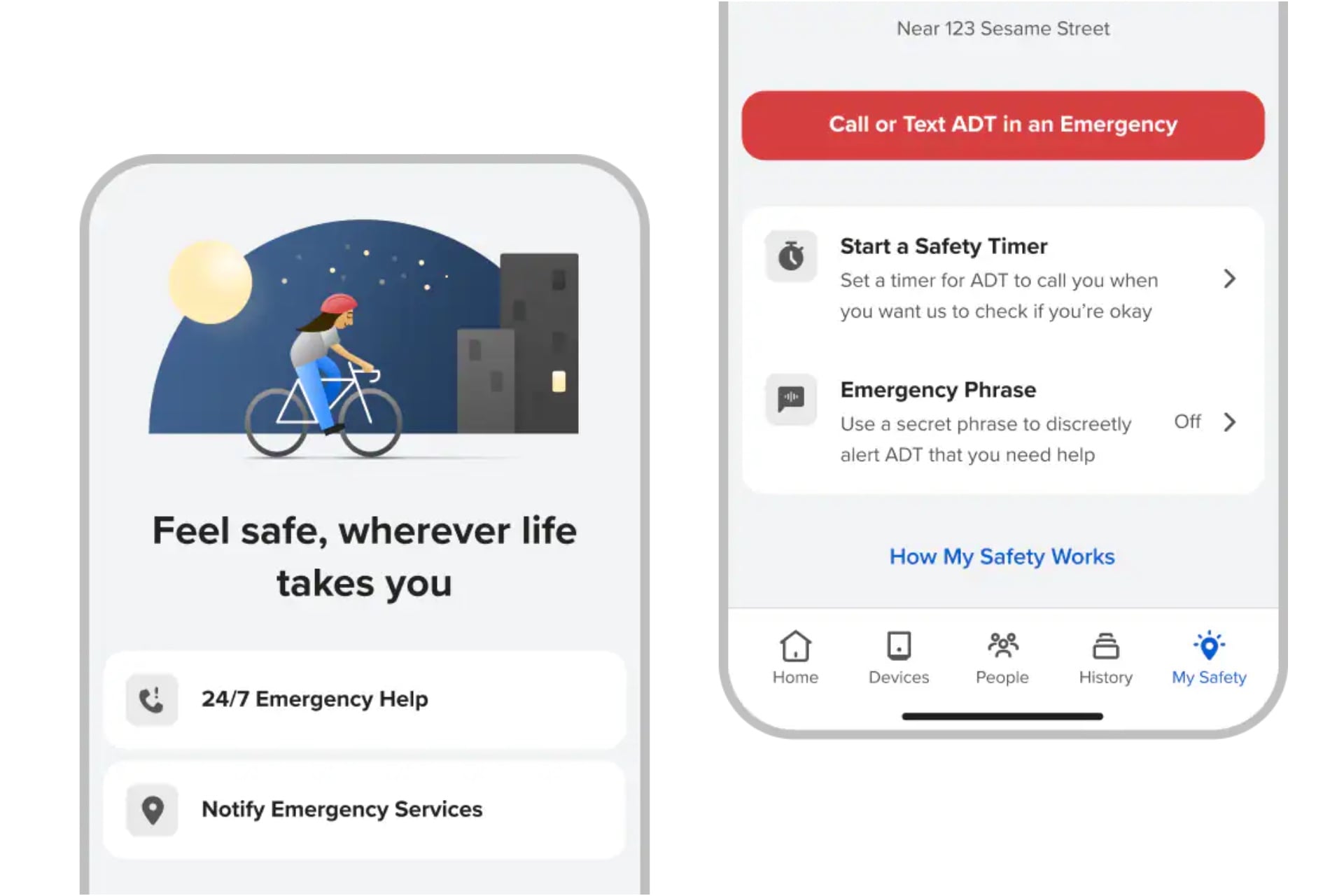 Images showing the ADT My Safety feature in the ADT+ app.