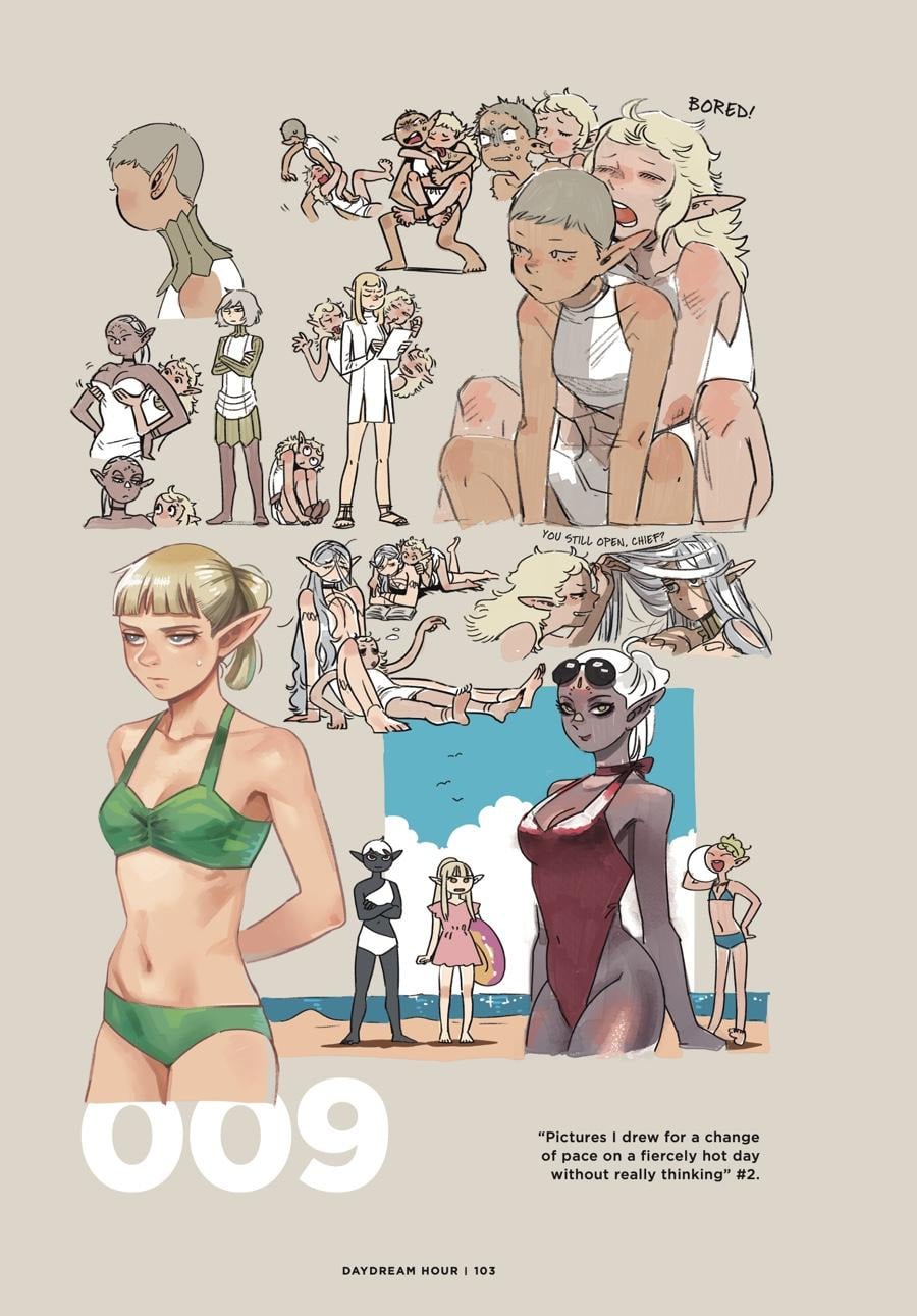 Doodles by Ryoko Kui: Daydream Hour illustration of elves at the beach.