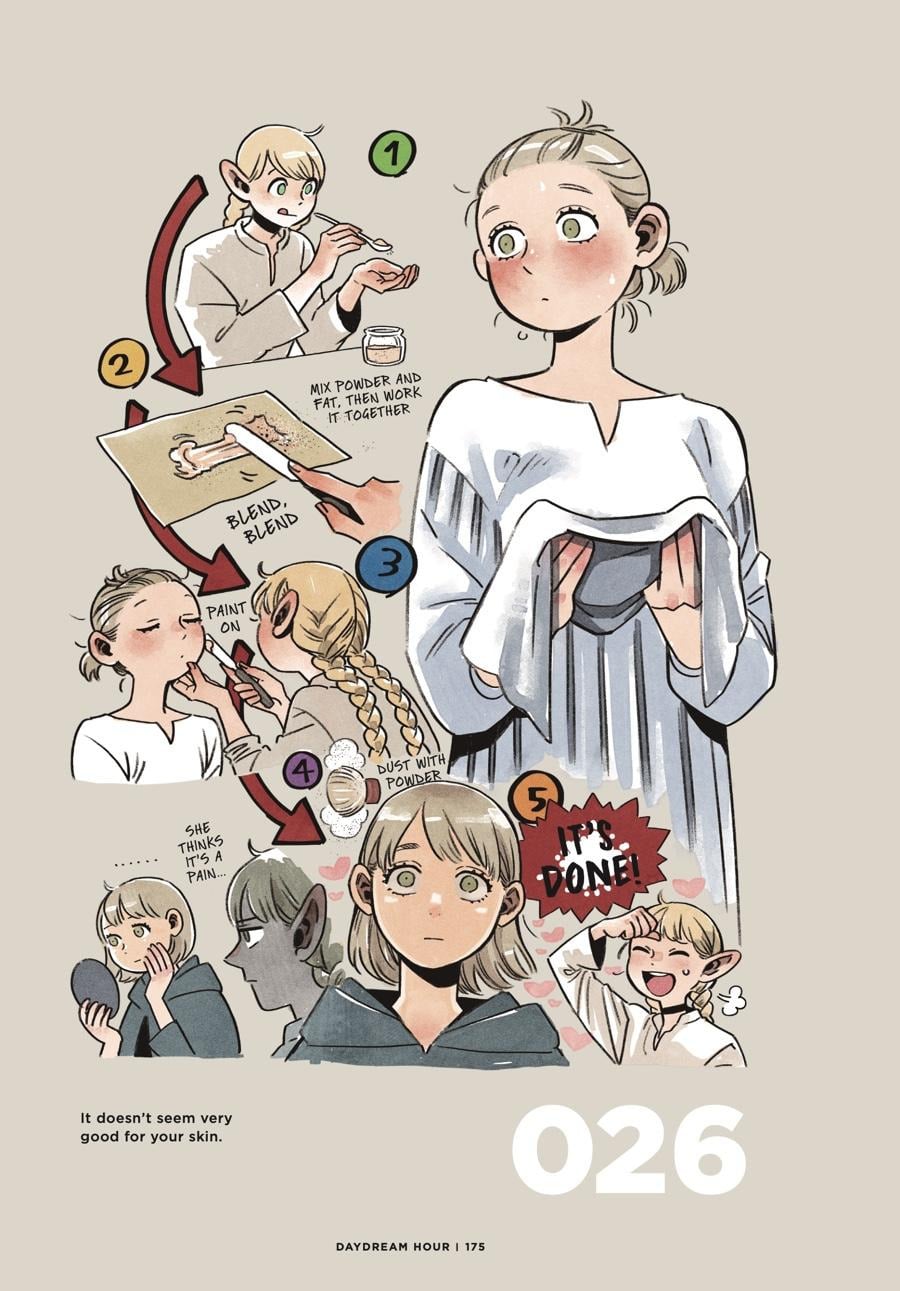 Doodles by Ryoko Kui: Daydream Hour illustration of Marcille applying makeup on Falin.