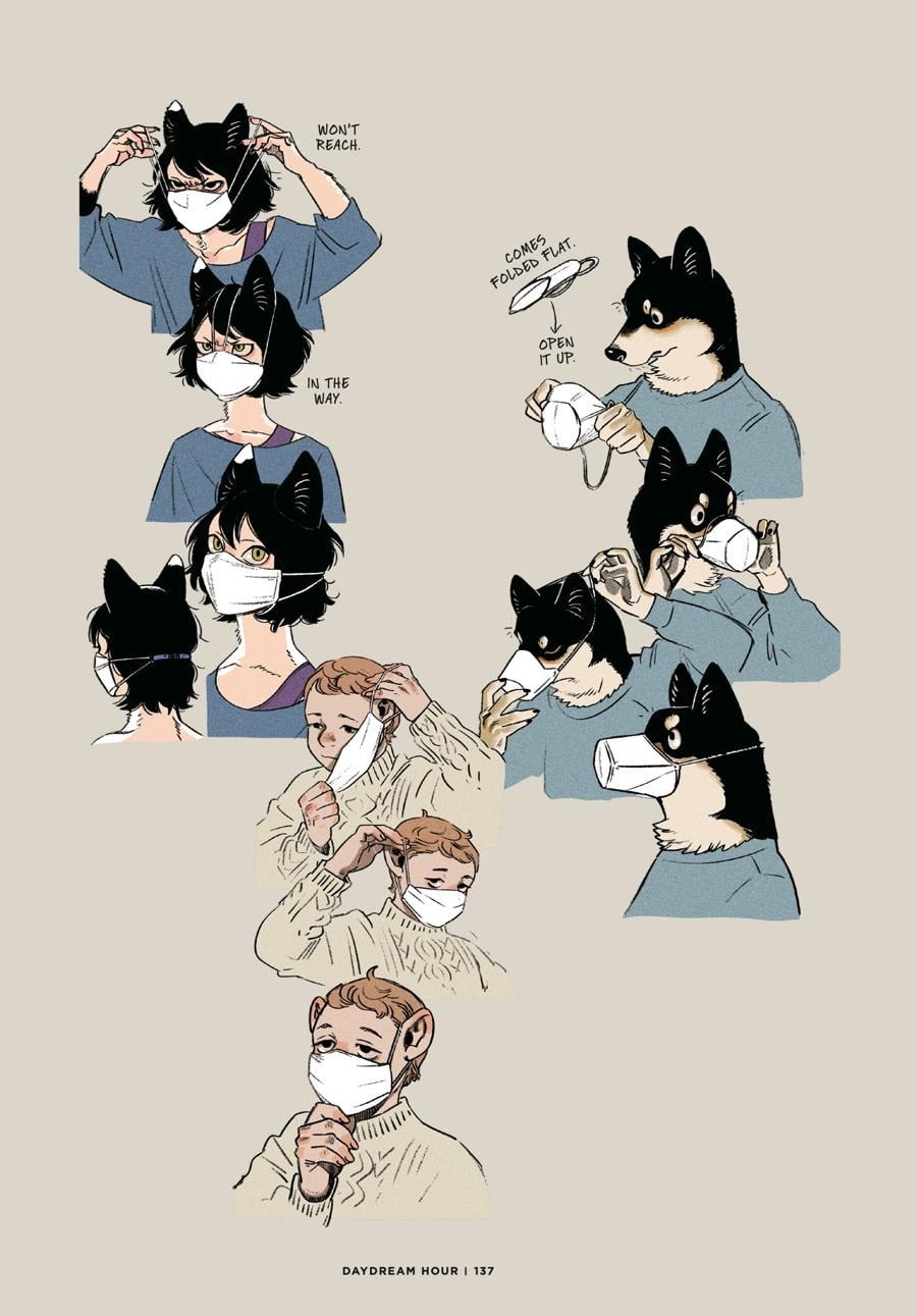 Doodles by Ryoko Kui: Daydream Hour illustration of Itsuzumi and other Delicious in Dungeon characters putting on face masks.