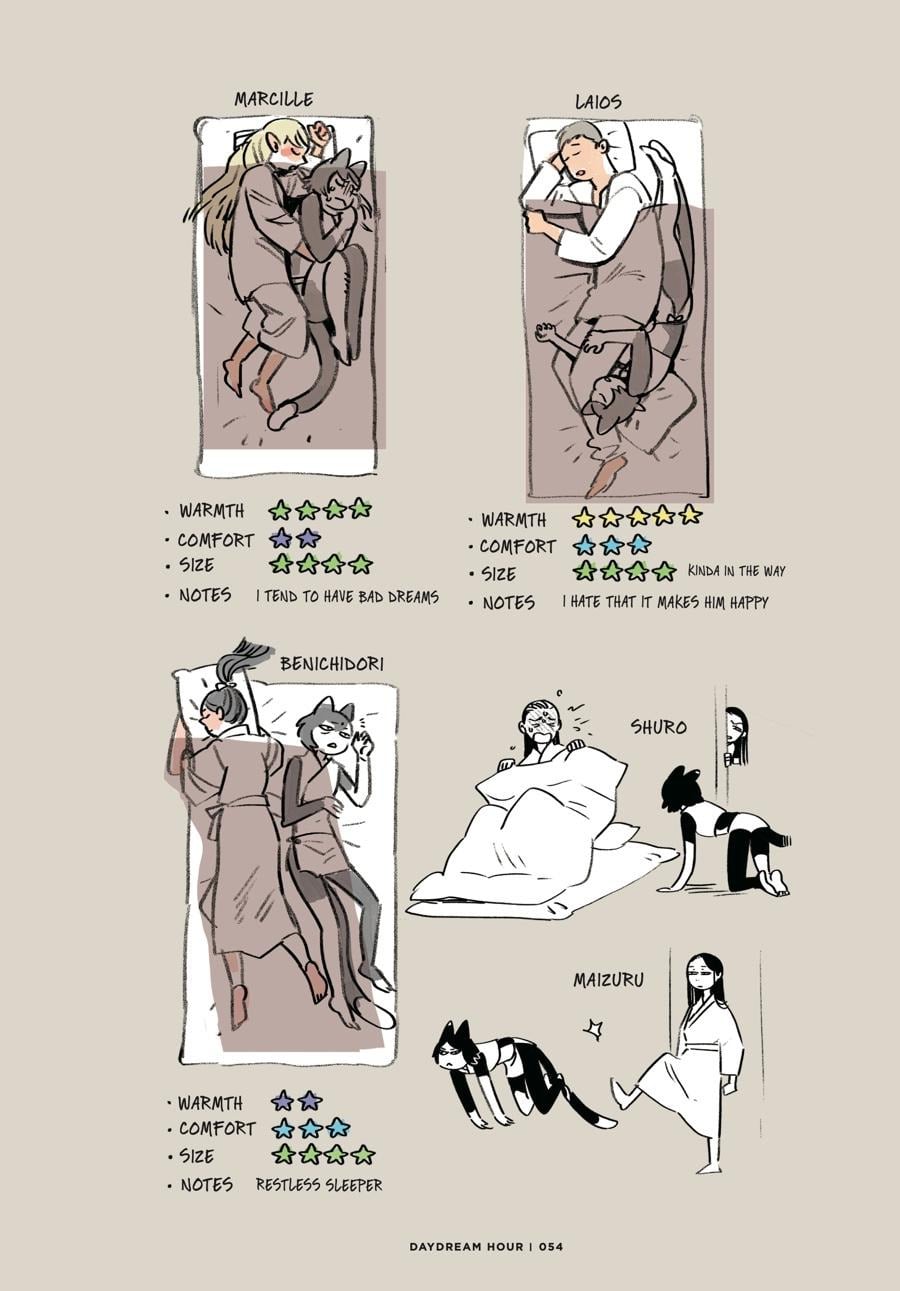 Doodles by Ryoko Kui: Daydream Hour illustration of Itsuzumi cuddling with her party members.