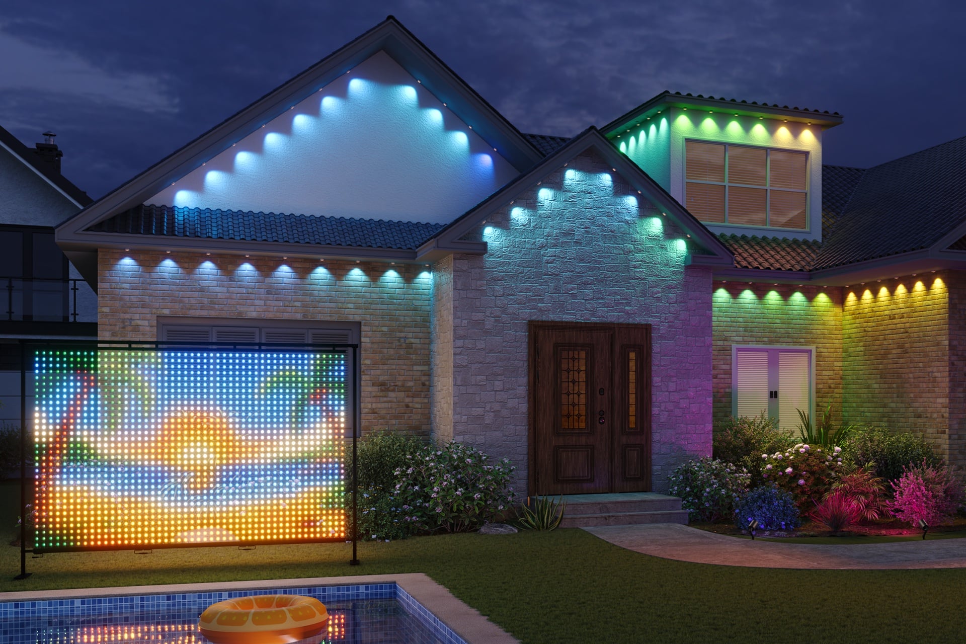 A Govee Lightwall displays a sunset in front of a home lit with under-eaves RGB lighting.
