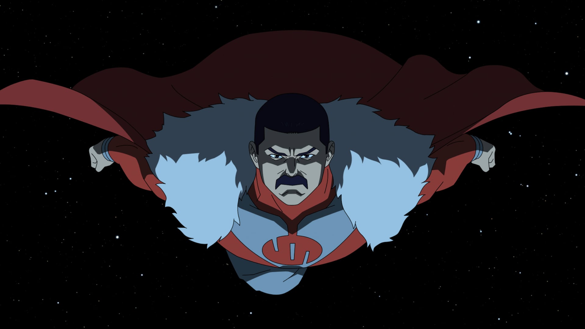 Invincible Season 4 still of Thragg flying into space. 