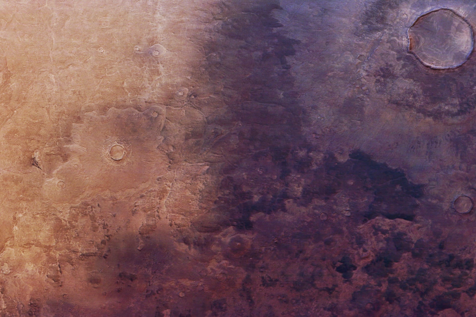 An angled view over the Martian surface showing a broad, smooth plain in shades of purple and reddish-brown. A large, shallow circular crater sits on the right, with a smaller, fainter crater to the left. The ground looks gently rippled and worn, with subtle colour variations giving the surface a mottled, almost velvet-like texture.