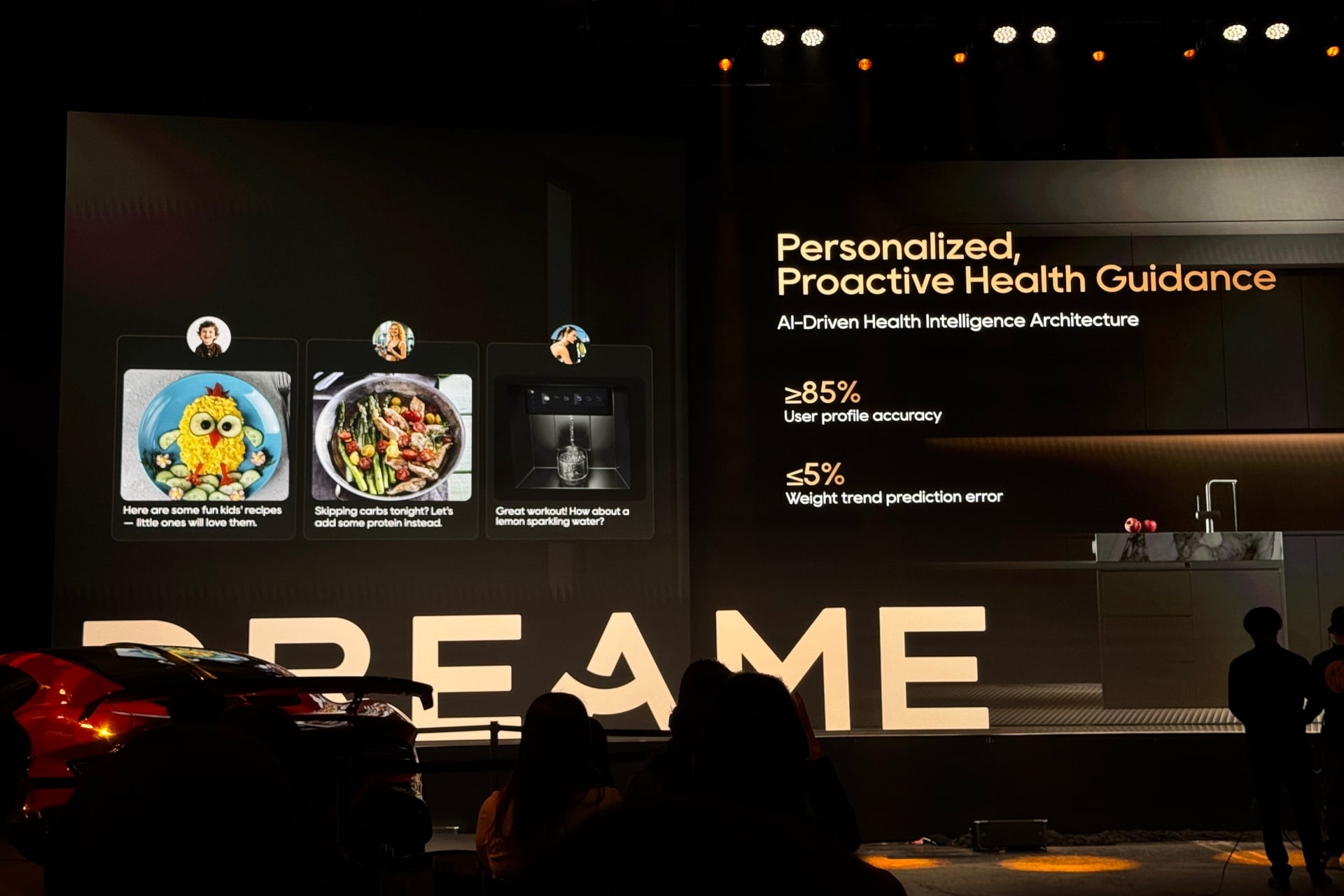 Picture of a slide highlighting the refrigerator's personalized healthcare advice, its 85% or more user profile accuracy, and 5% or less weight trend prediction error rate, as well as its ability to recommend things like "fun kids' recipes."