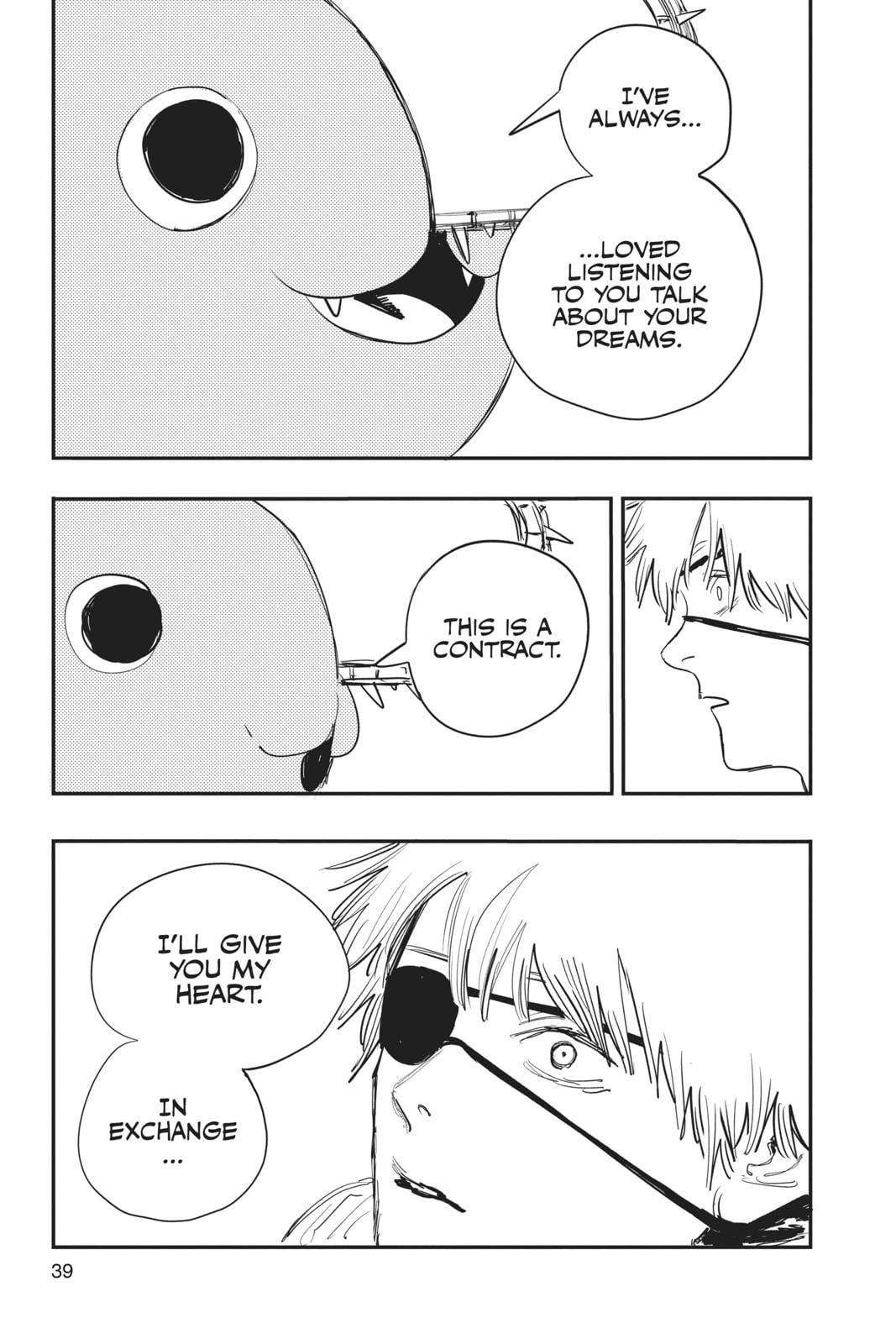 Chainsaw Man Denji talking to Pochita.