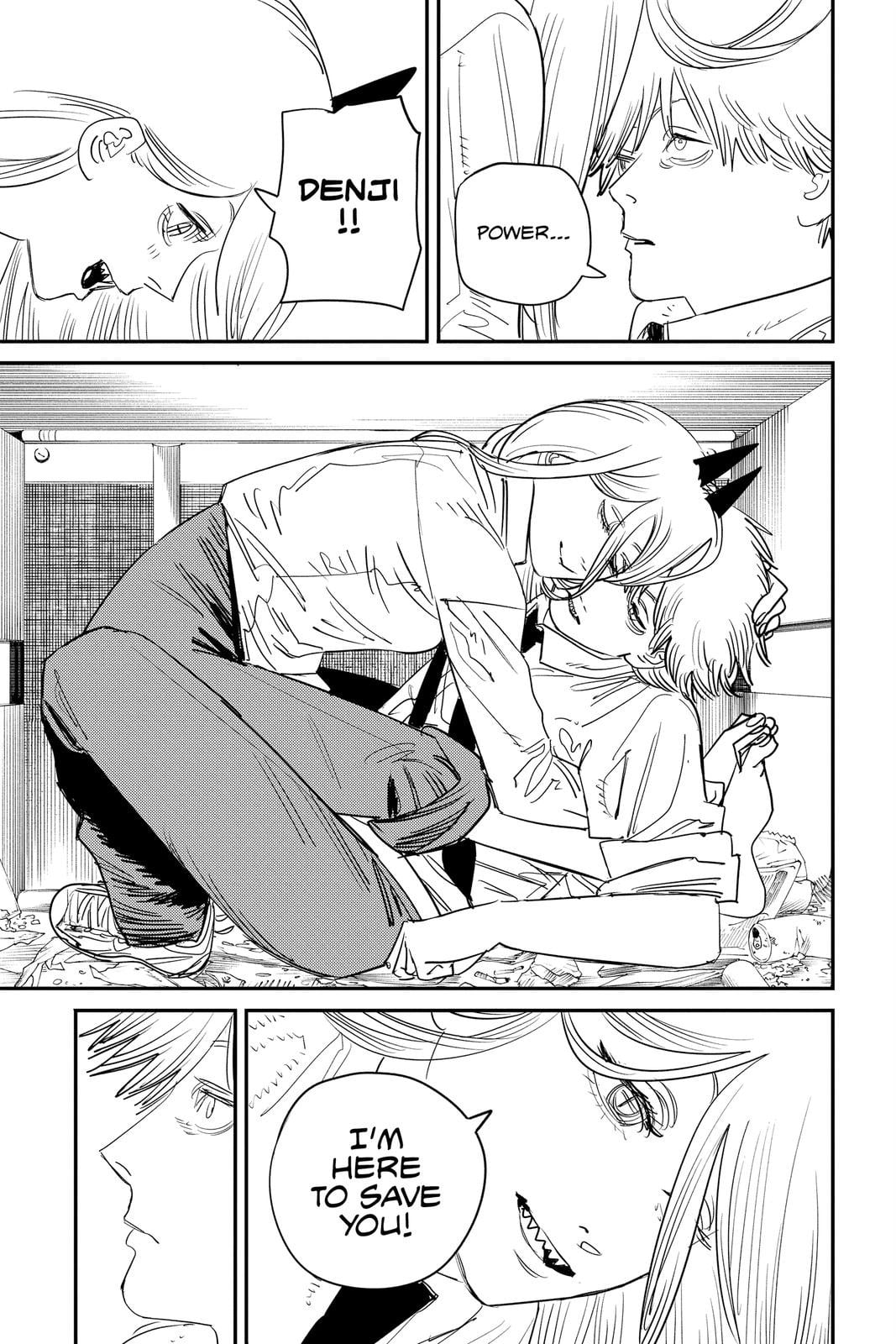 Chainsaw Man panel of Power and Denji hugging.