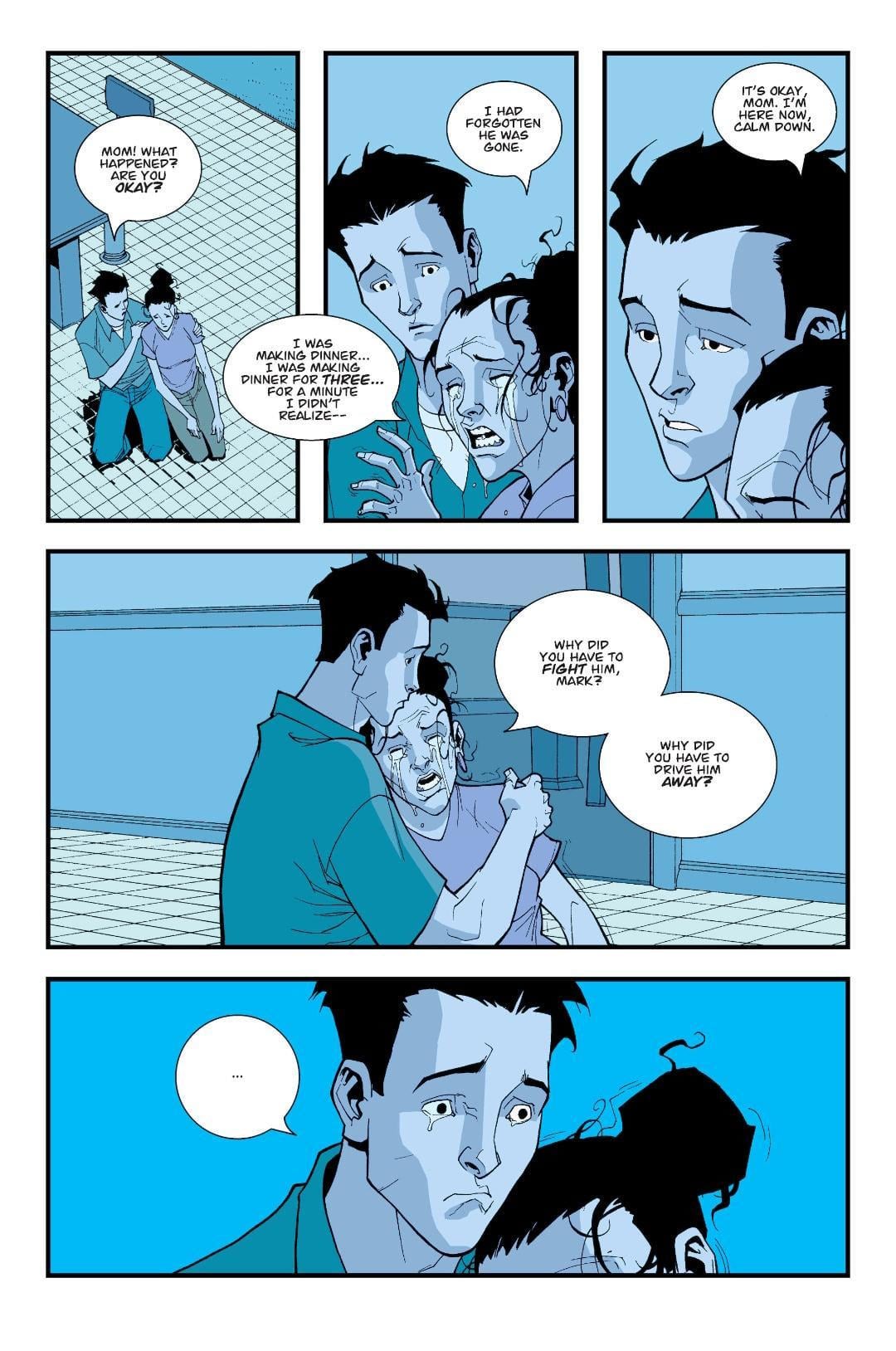 Invincible comic page of Debbie crying on Mark's shoulder. 