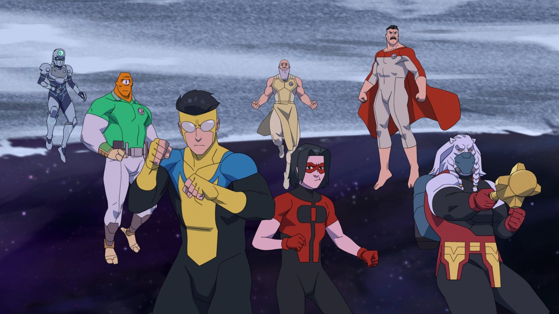 Invincible Season 4 crowd shot of its heroes ready for battle.