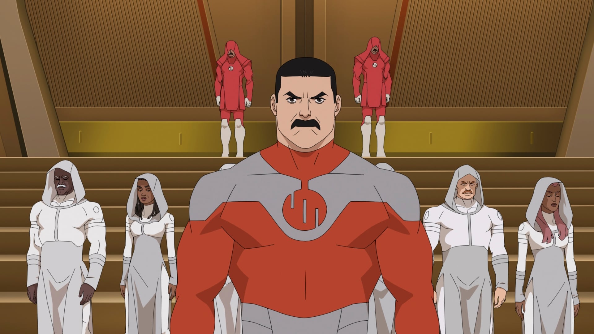Invincible Season 4 still of Thragg standing in front of an armada of Viltrumites. 