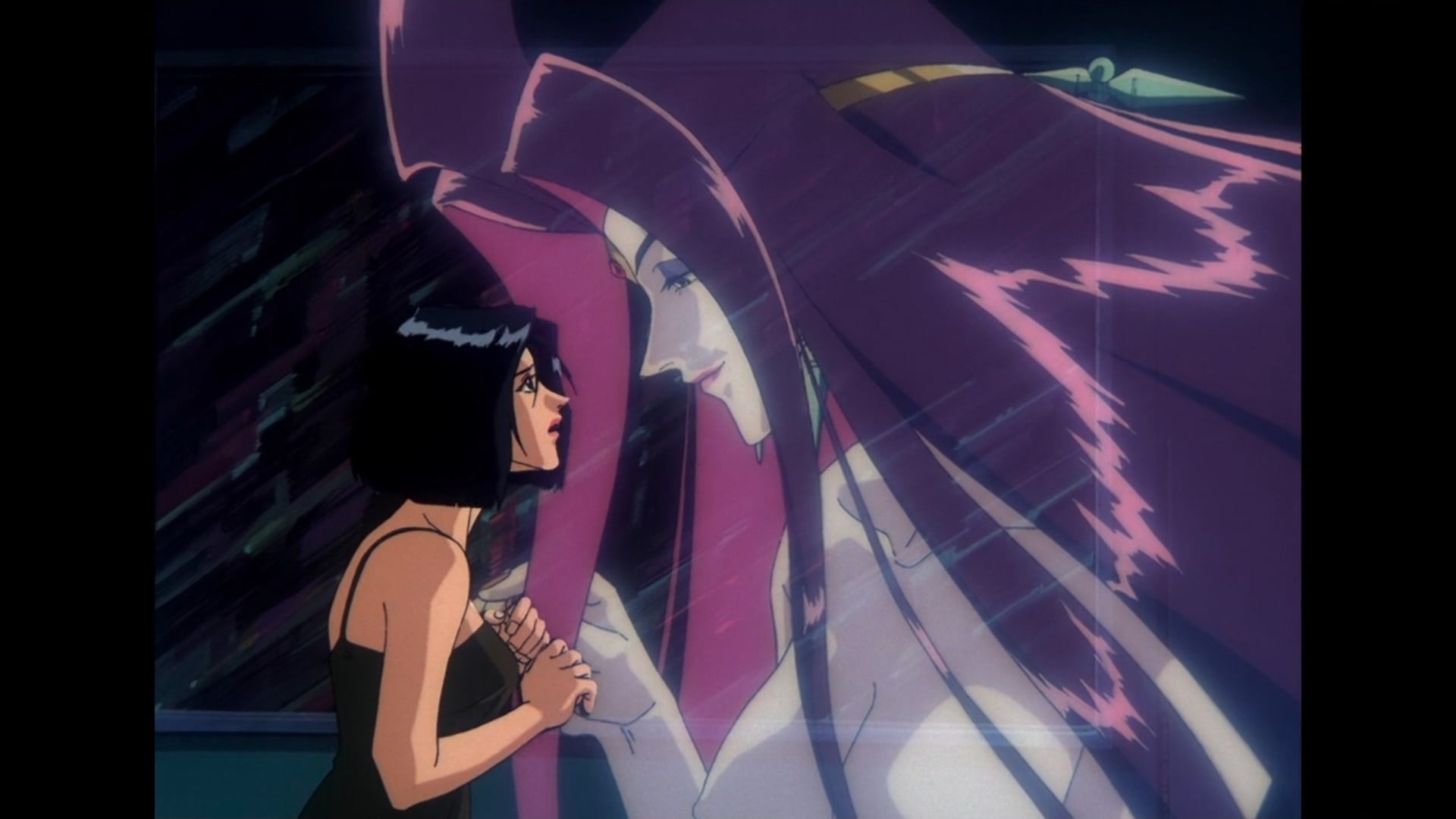 Macross Plus still of Sharon Apple cuppng Myung's face in her hands.