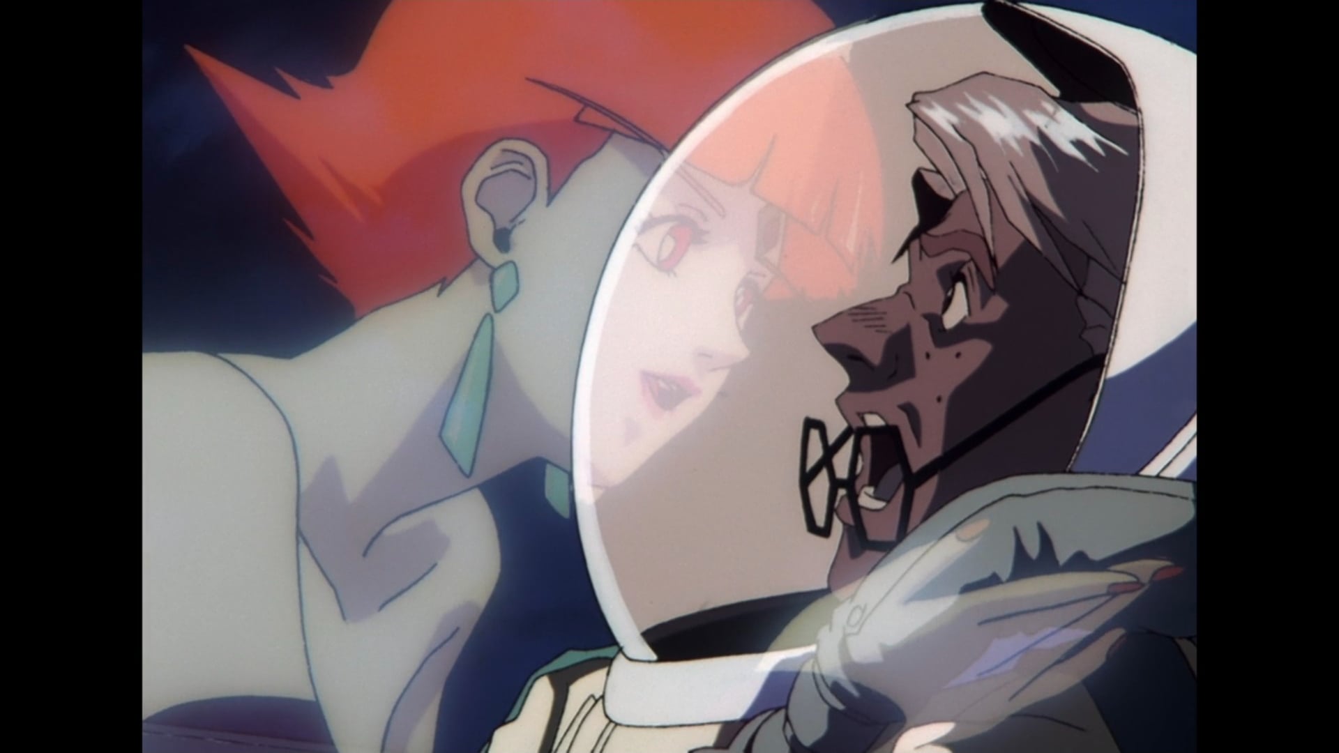 Macross Plus still of Sharon Apple jumpscaring Yang.