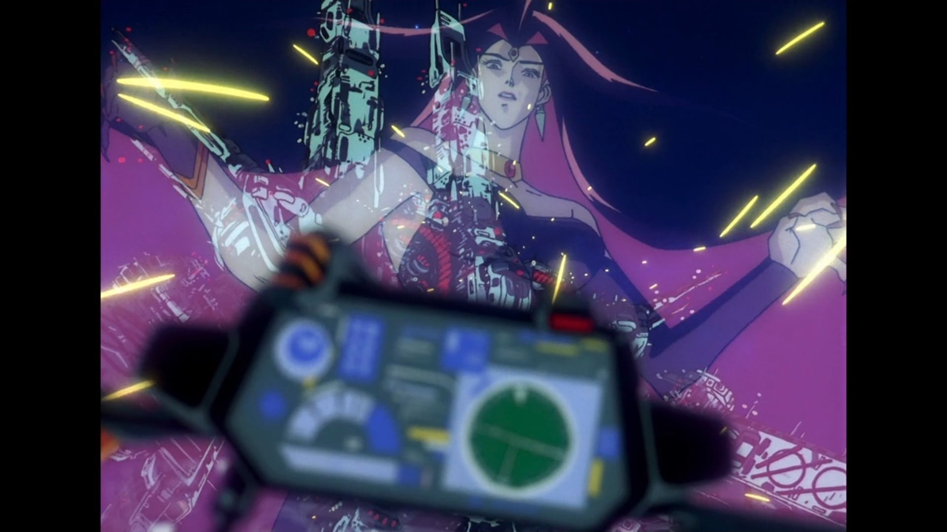 Macross Plus still of Sharon Apple from the cockpit of Isamu's mech.