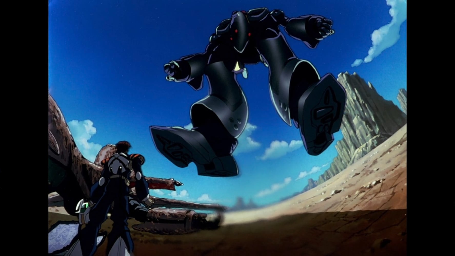 Macross Plus still of a giant mech towering over Isamu.