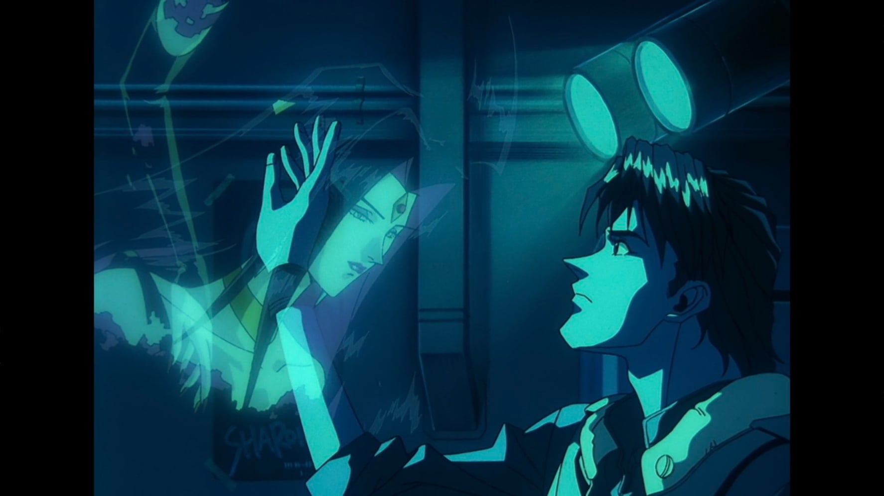 Macross Plus still of Isamu waving his hand through a hologram of Sharon Apple.
