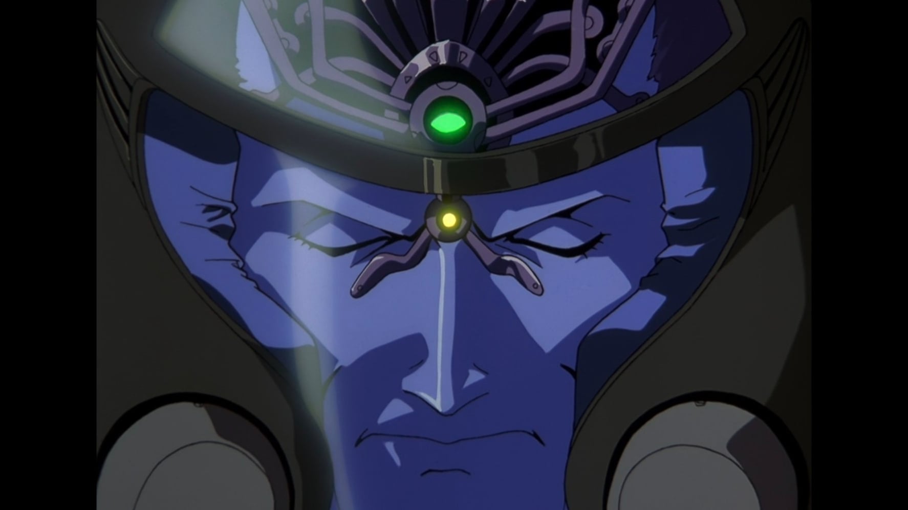 Macross Plus still of Gulg piloting a plane with his mind.