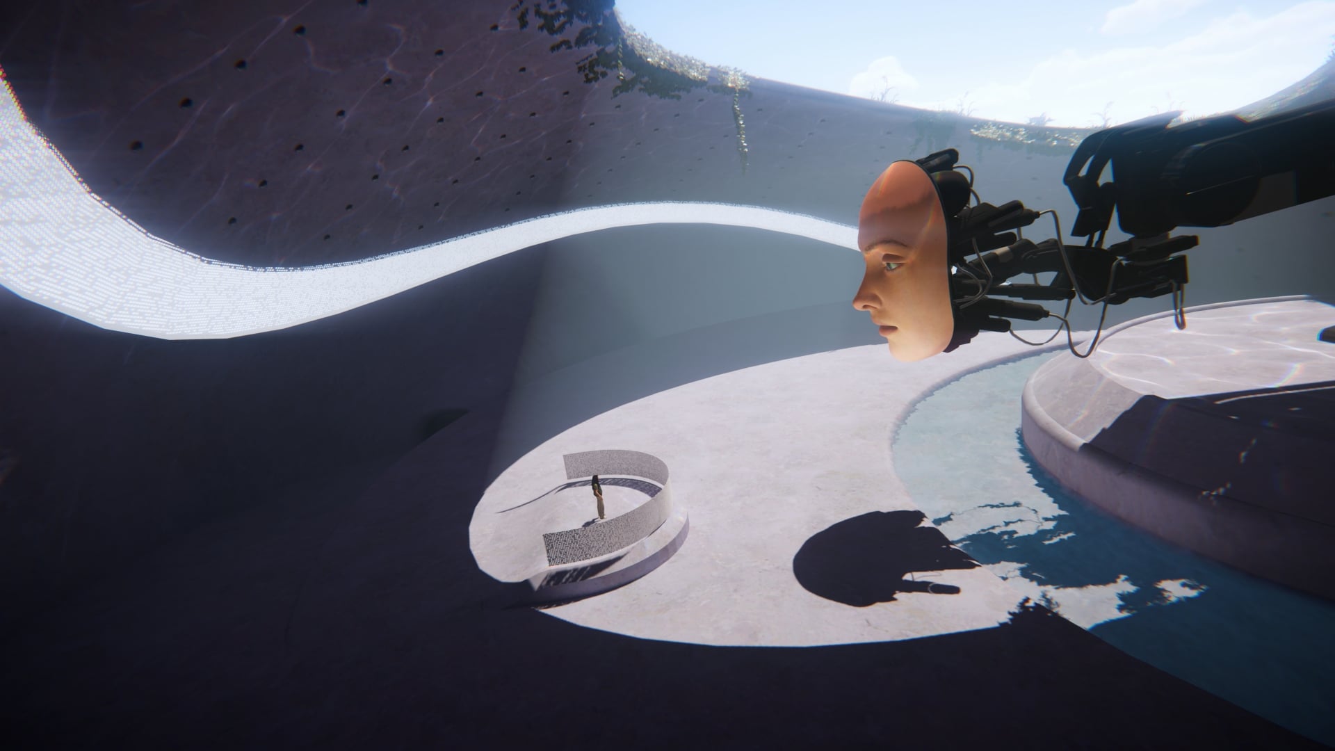 Prove You're Human still of a woman speaking to a giant robot face.