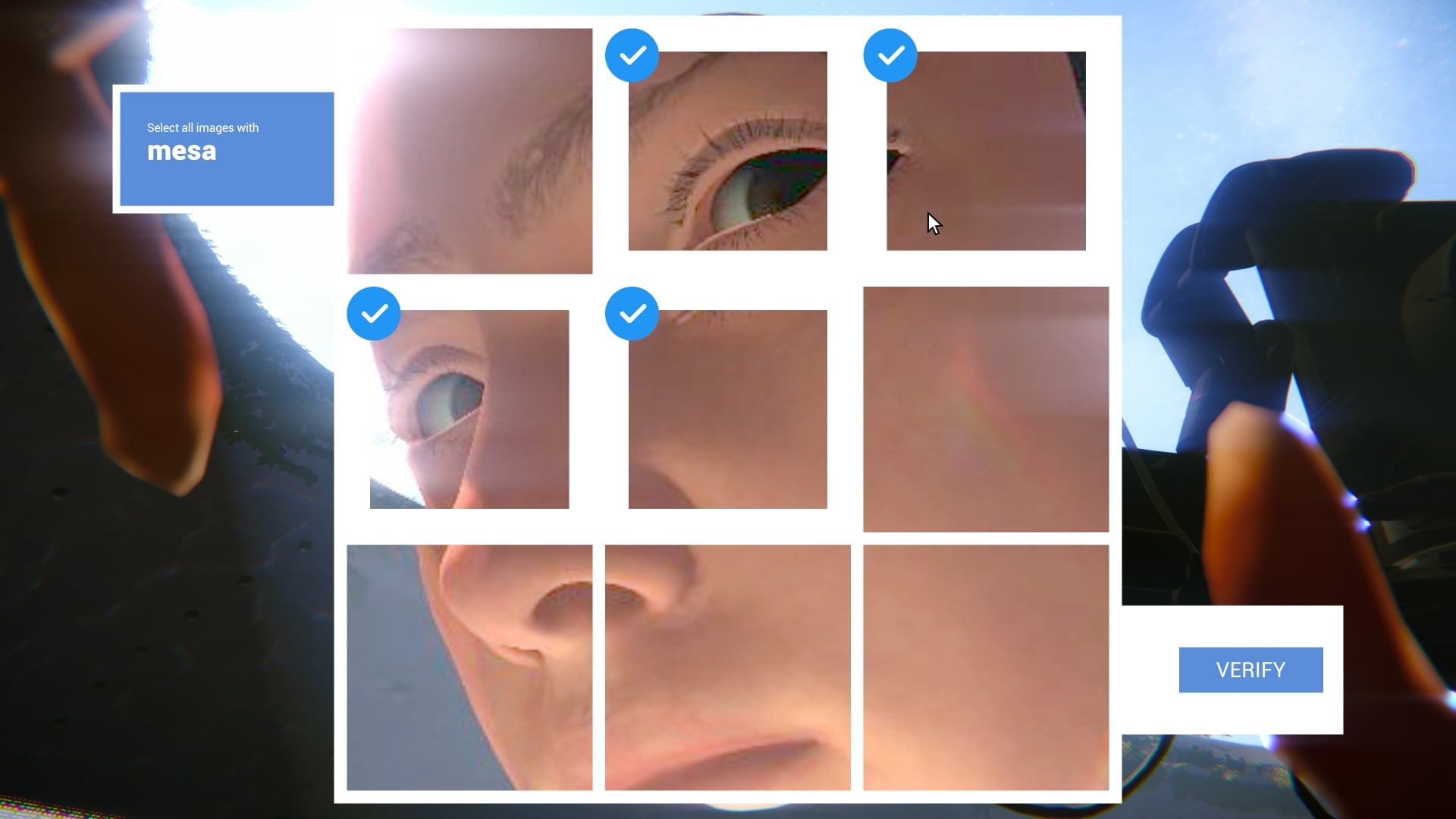 Prove You're Human still of a giant robot face's CAPTCHA.