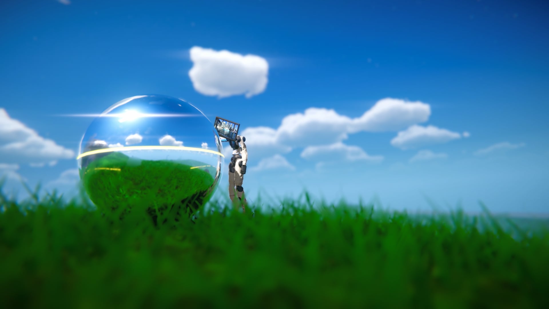 Prove You're Human still of a robot standing next to a giant ball while standing in a grassy field.