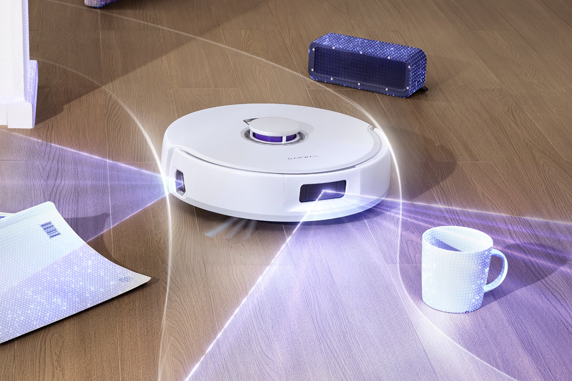 A render visualizing the Freo Z10 Turbo casting structured light to recognize household objects and avoid them.