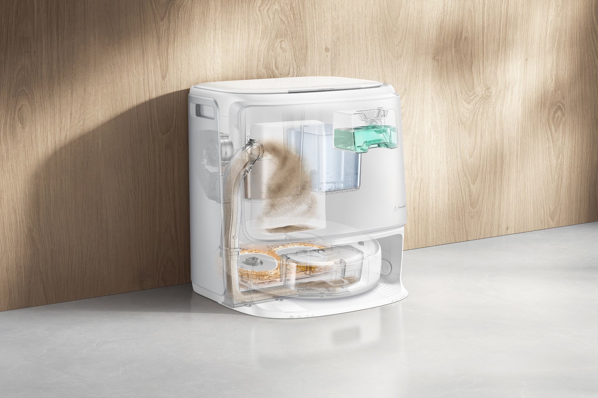 A transparent render showing the dock cleaning the robot's mops.