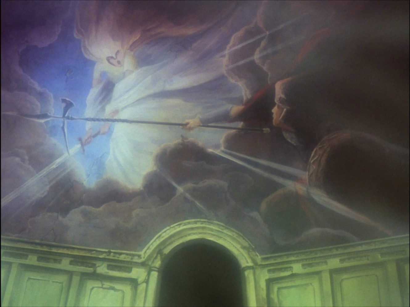 Record Of Lodoss War painting of gods fighting above a colosseum.