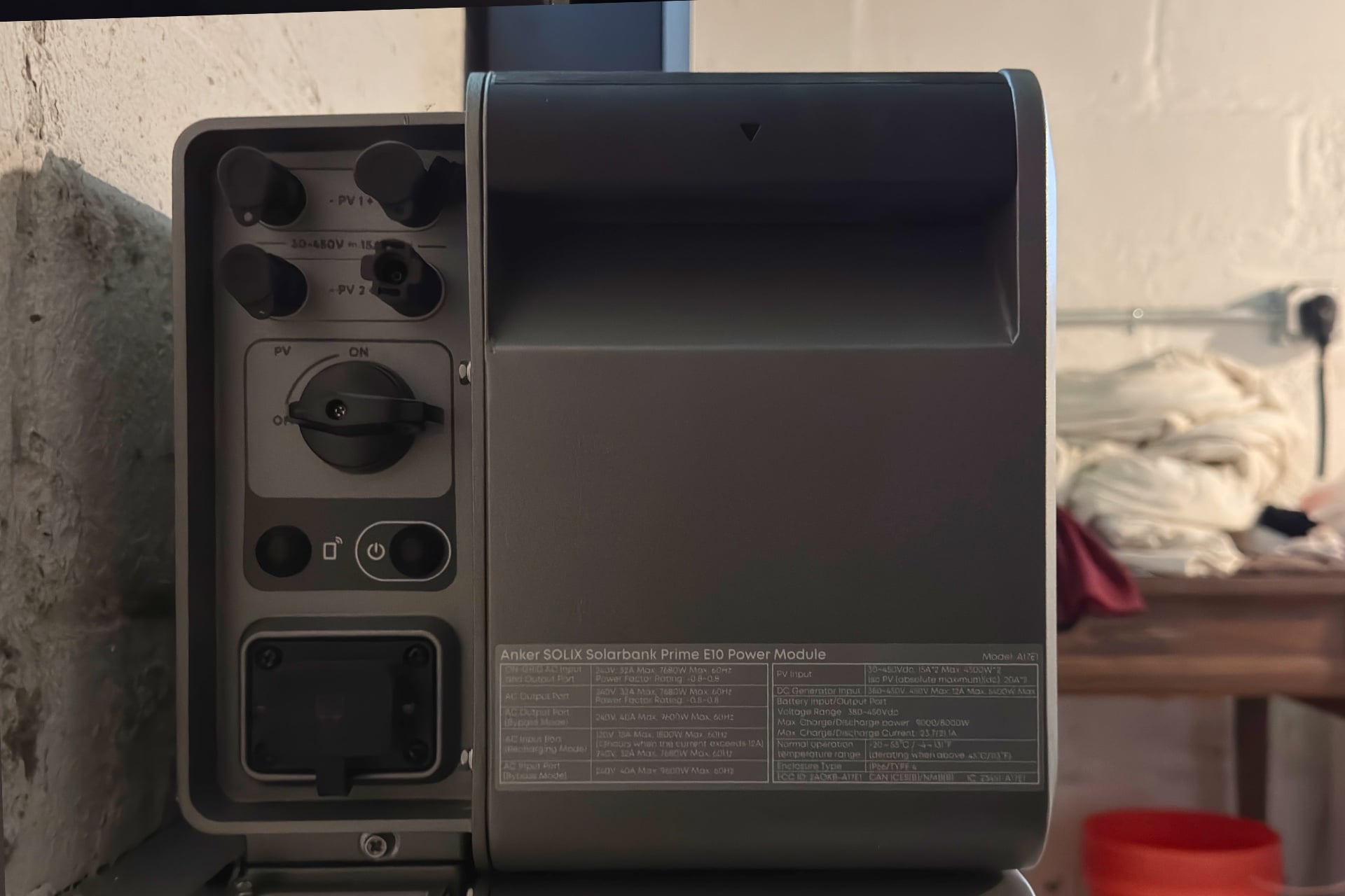 Left side of the Solix E10, showing connection points for solar panels, an on/off switch for the solar connection, and power button for the E10 itself.